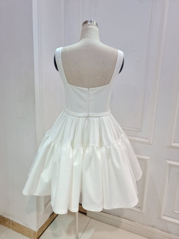 Luolandi A-Line Boat-Neck Mini-Length Sleeveless Satin Pleats Wedding Dress Short